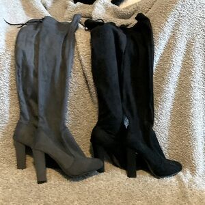Dark gray and black knee high boots